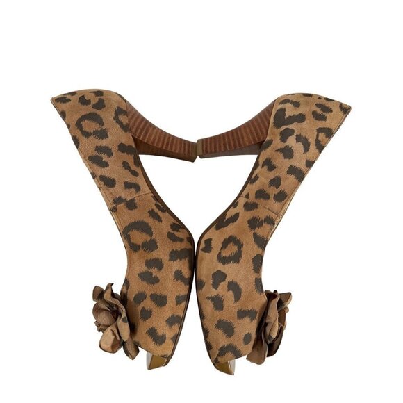 Sofft Size 8 Tan High Heeled Pump Suede Leather Printed Leopard Peep Toe Rosette - Picture 8 of 13